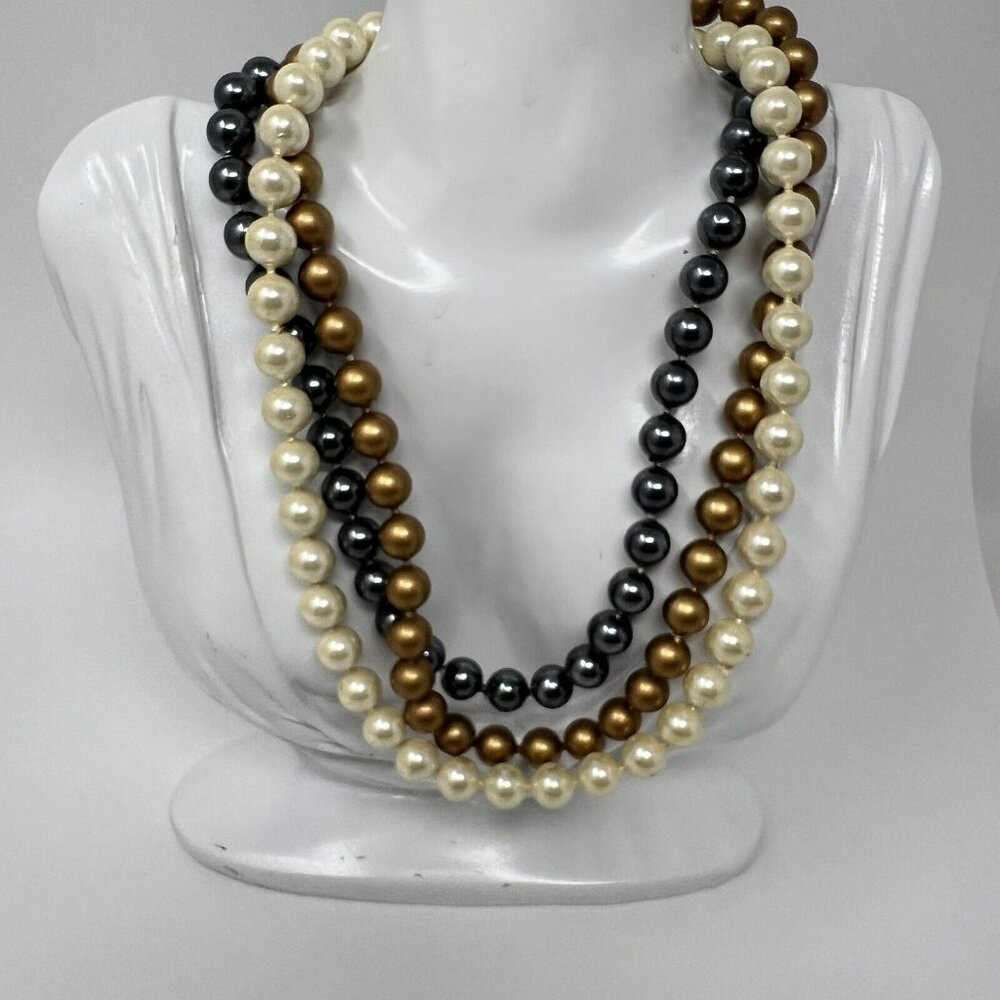 Vintage Tri Color Faux Pearl Necklace‎ Black White Gold Tone Beads